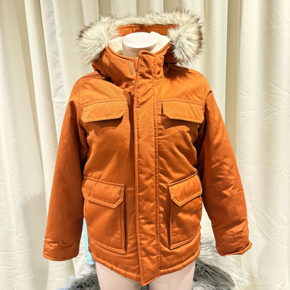Abercrombie Kids Vibrant Orange Puffer Coat with Faux Fur Trim